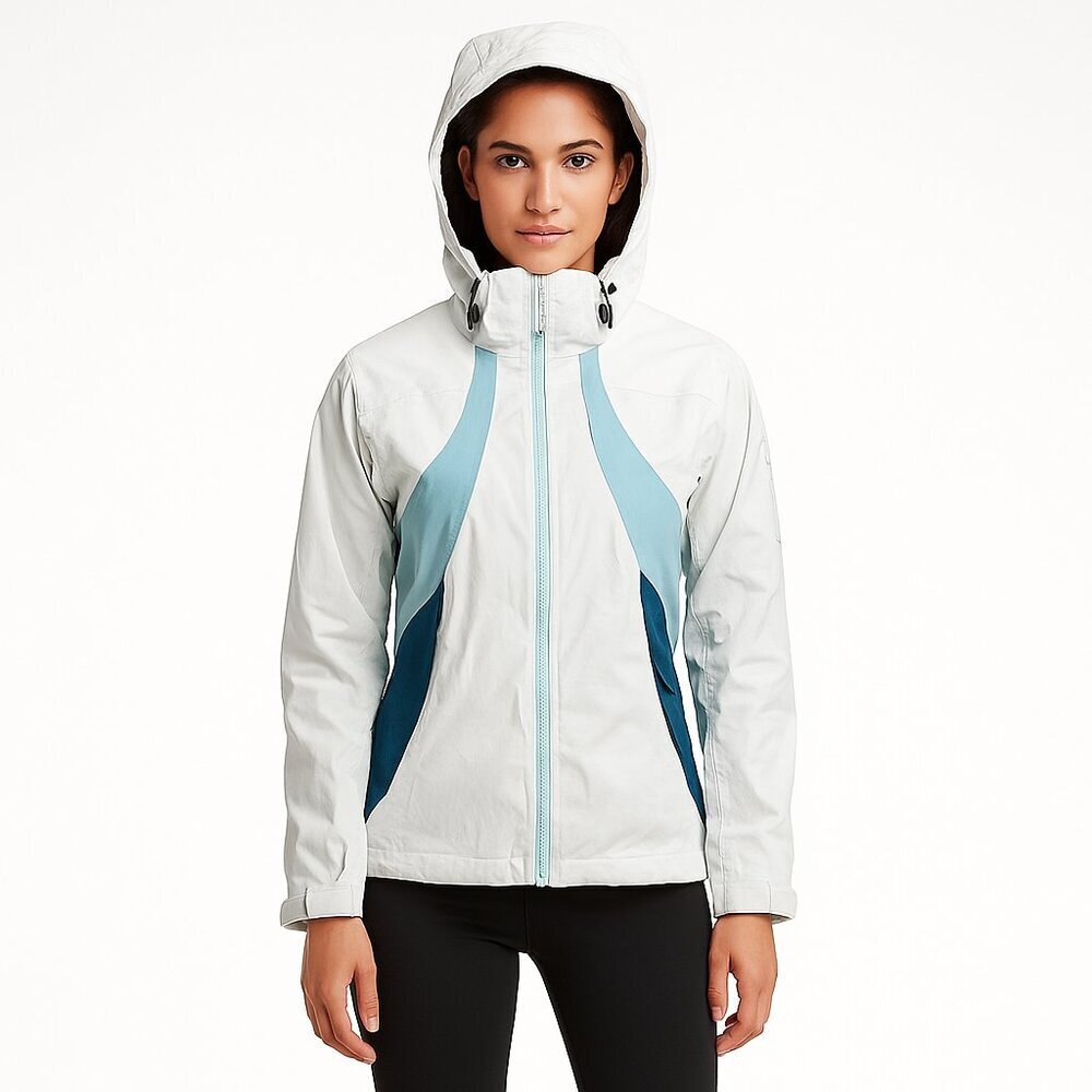 Spyder Ski Jacket Women 8 White Blue Hooded Nylon Shell Zip Winter Snow Coat